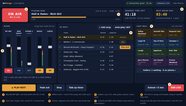 AirForge Live Board virtual studio with on-air mixer, cart wall and segment timers