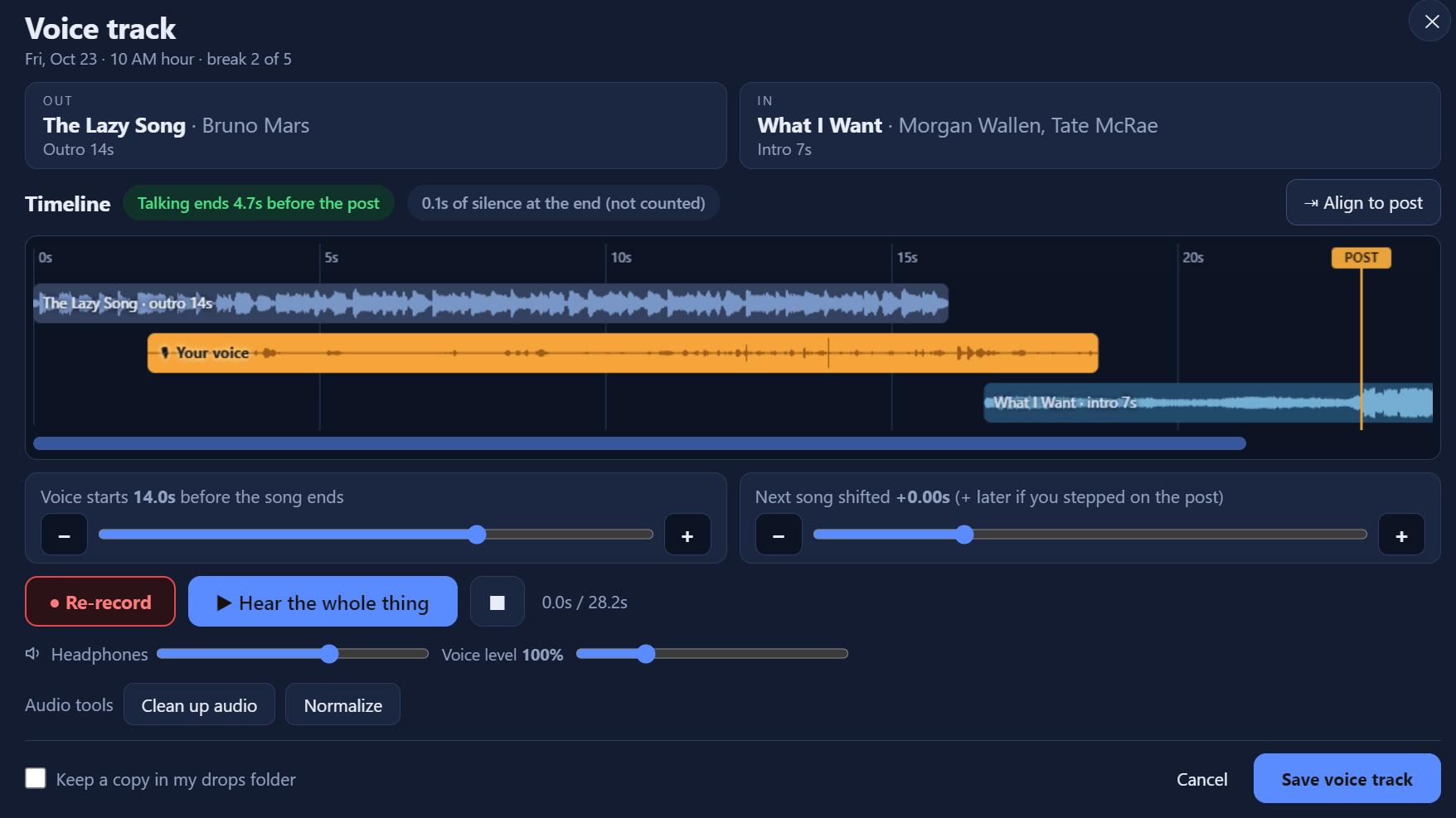 Aligning a recorded voice track to the post in a visual timeline