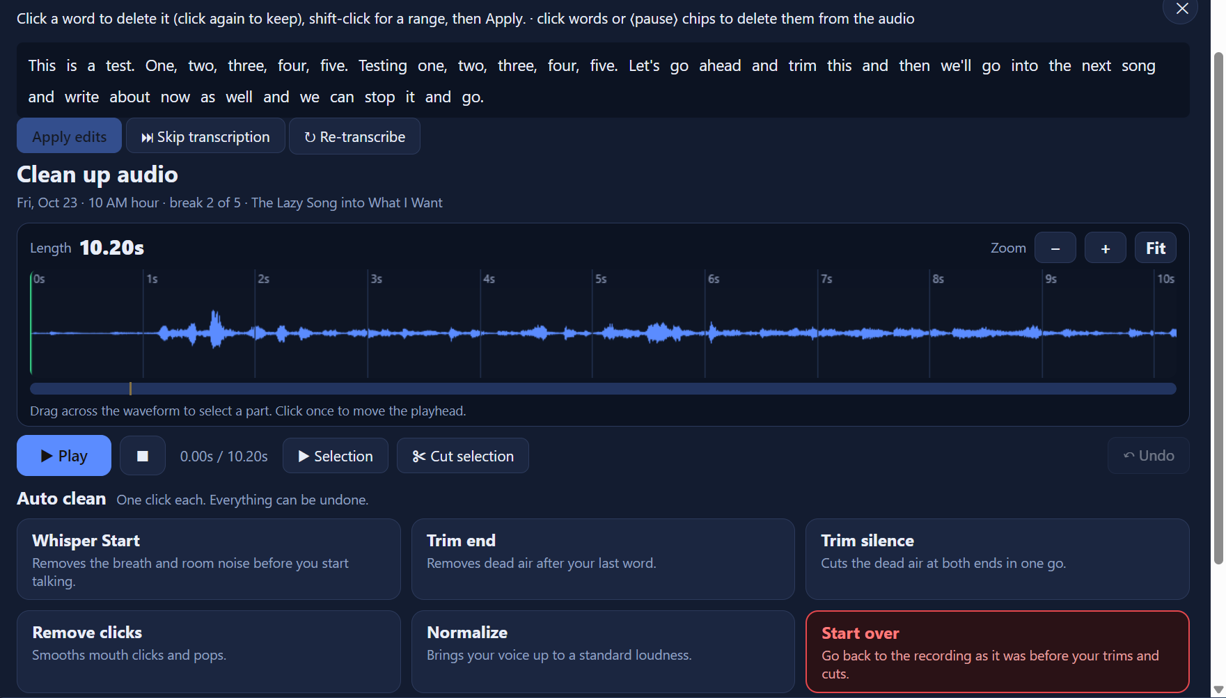 Cleaning up recorded audio with one-click tools