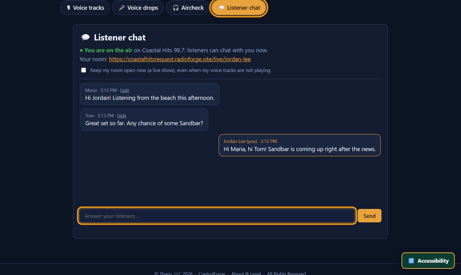 A DJ replying to listener chat messages from their own portal
