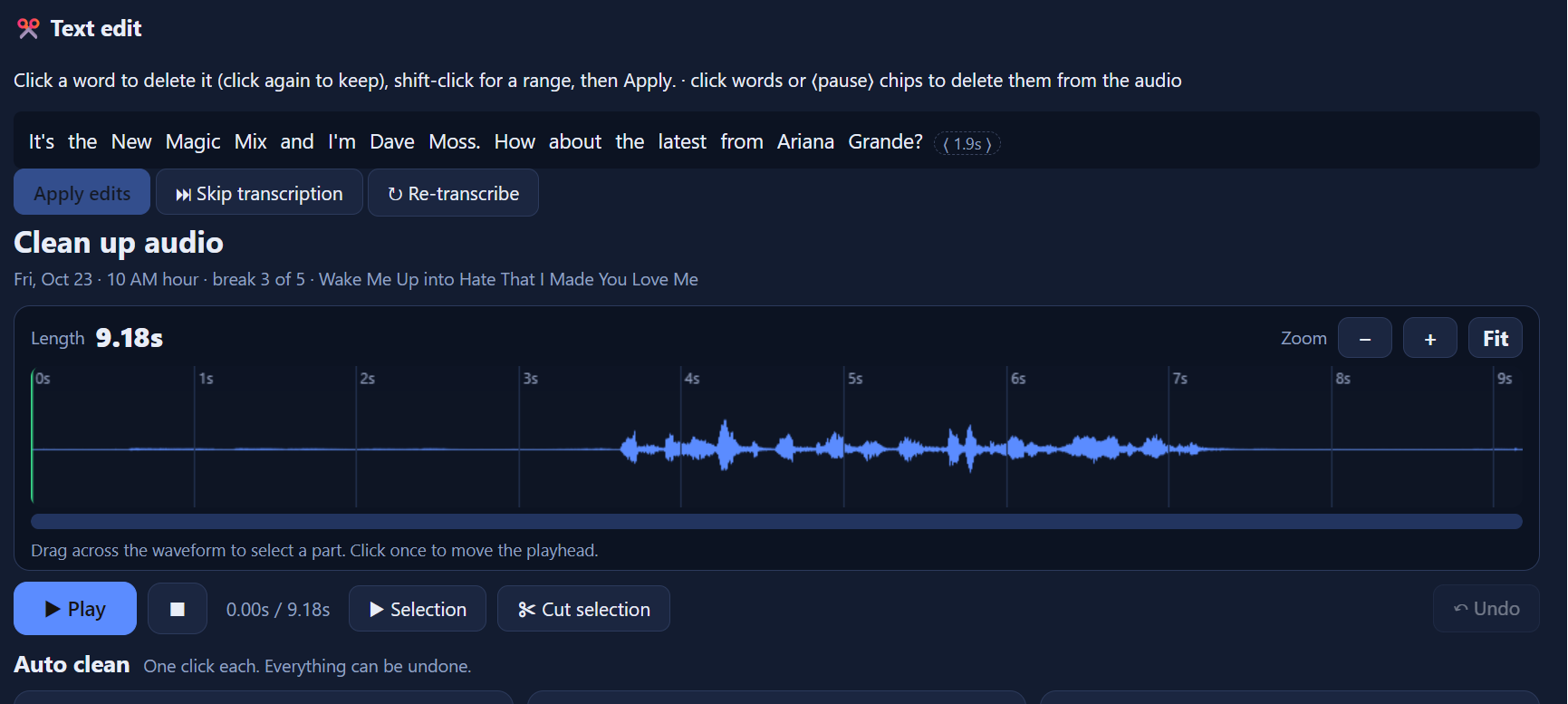 A transcribed, editable voice track where clicking a word deletes it