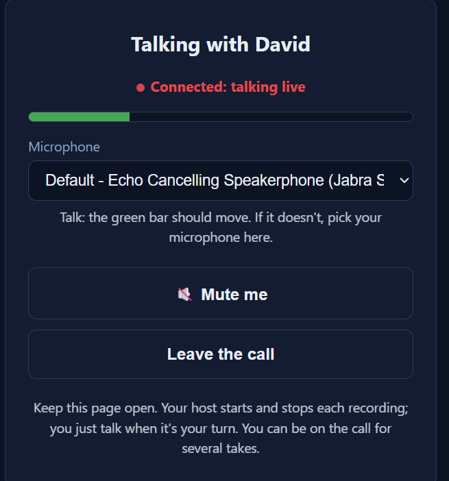 A connected guest talking live on a voice track call