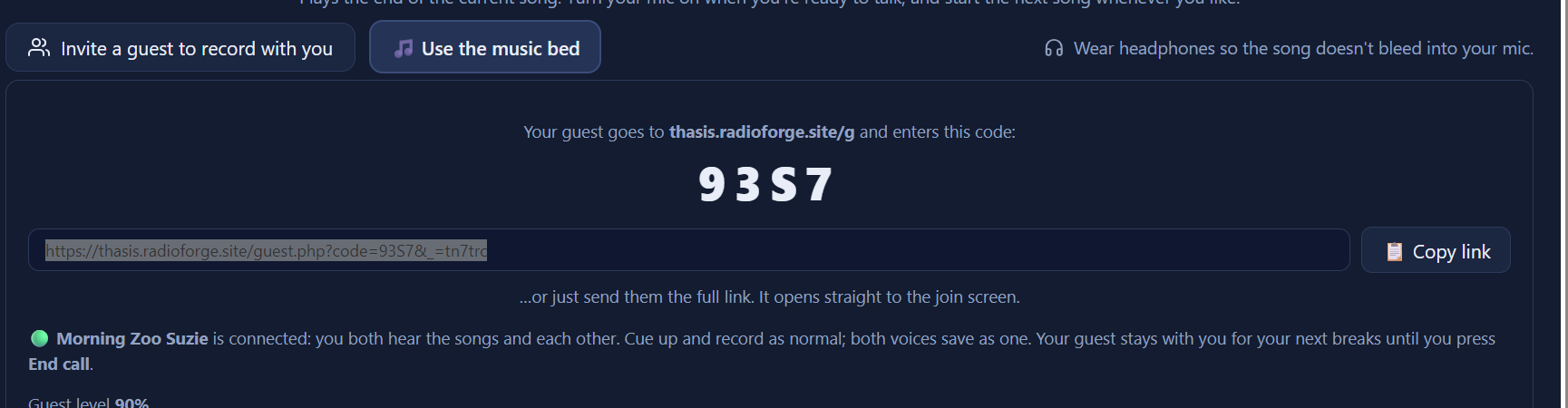 Inviting a guest to join a voice track with a short code