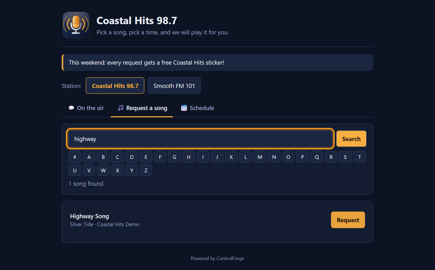 A listener searching the station library and requesting a song