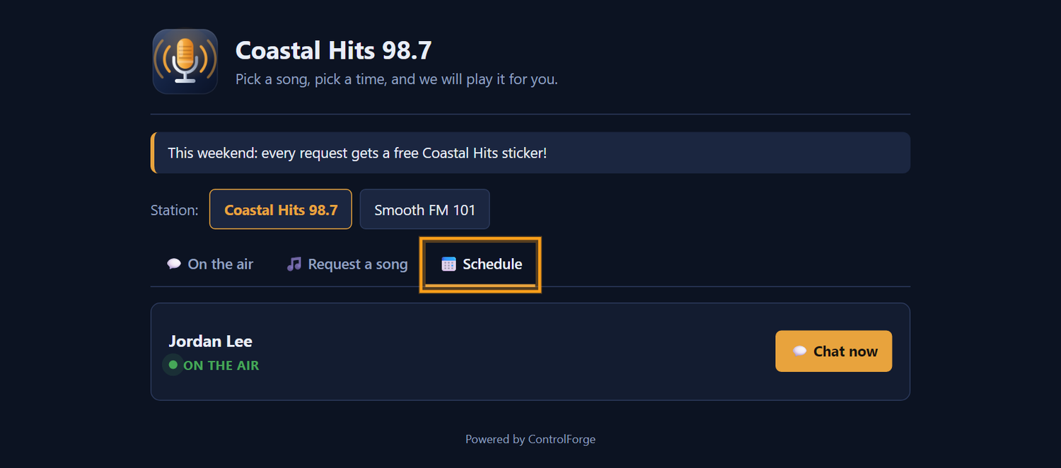 The listener-facing site showing on-air status, requests and schedule