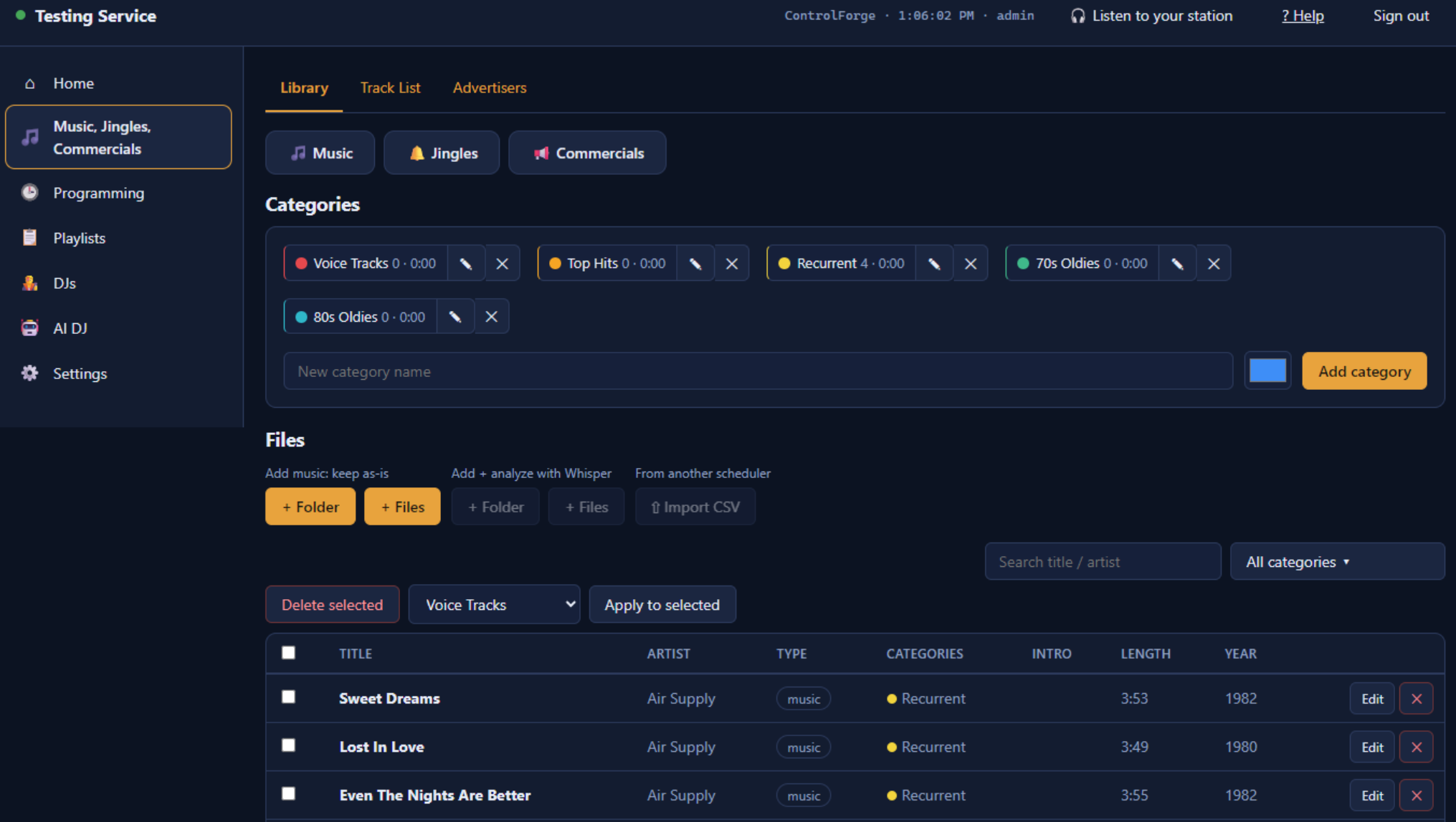 Uploading and managing music, jingles and commercials in your station library