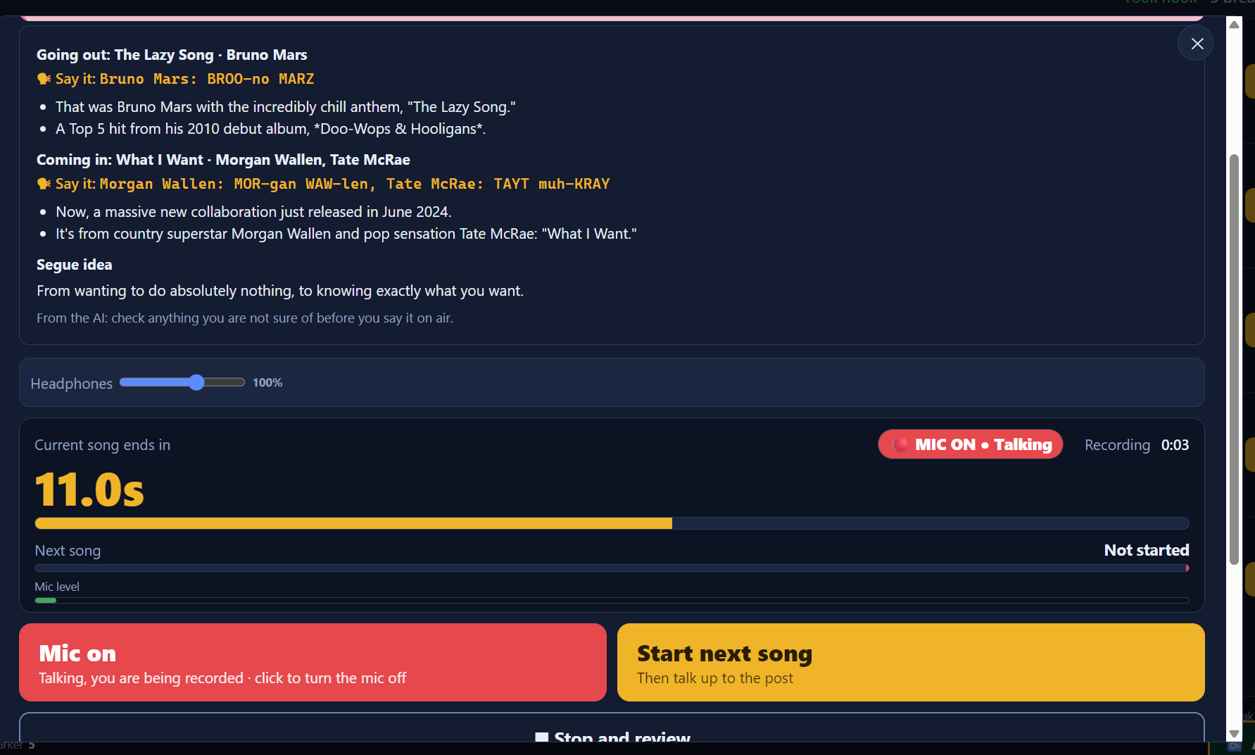 A DJ recording a voice track live over the outgoing song