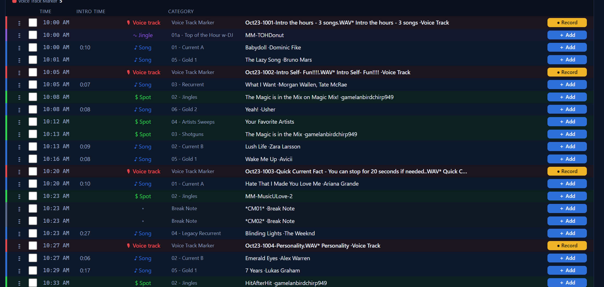 The full hourly log for a station, every song, voice track, jingle and spot in running order