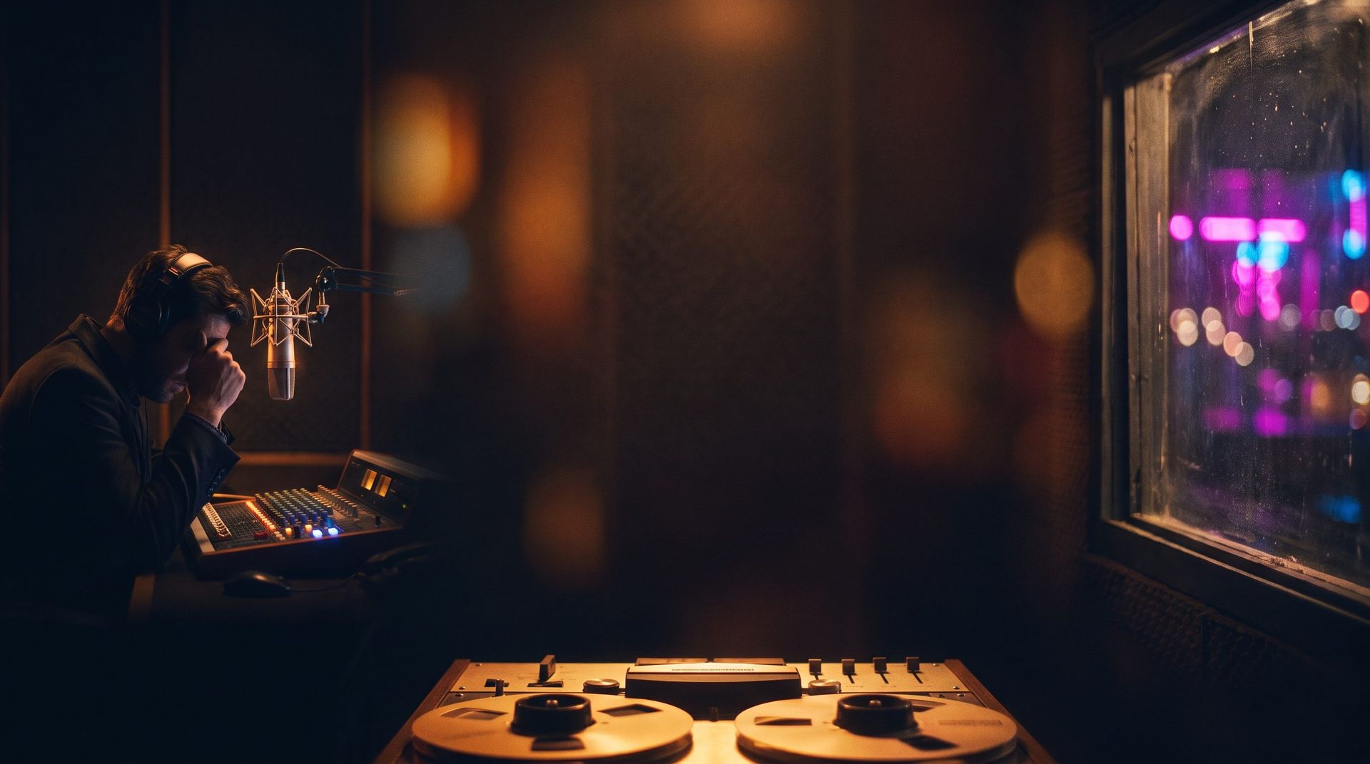 Radio host recording a syndicated show beside a reel-to-reel tape machine
