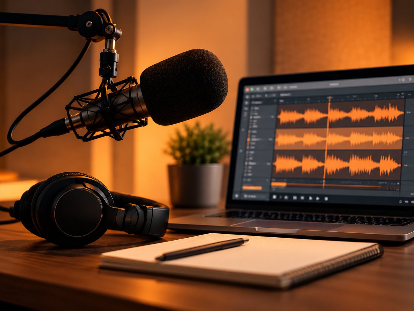 Voice tracking and production studio setup, microphone and laptop with waveform editor