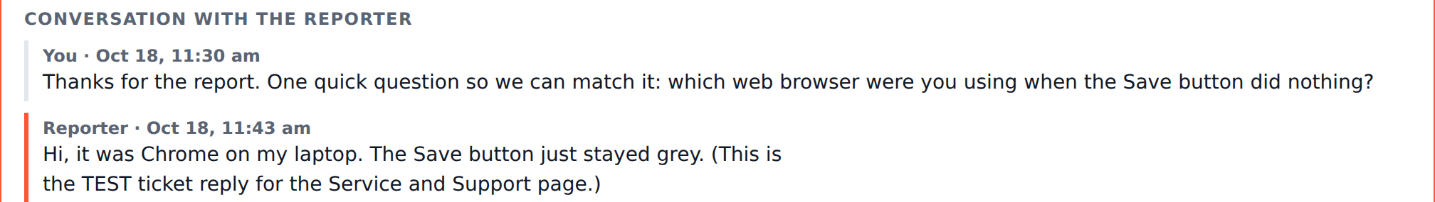 The conversation on ticket 52 showing our question and the reporter's emailed reply