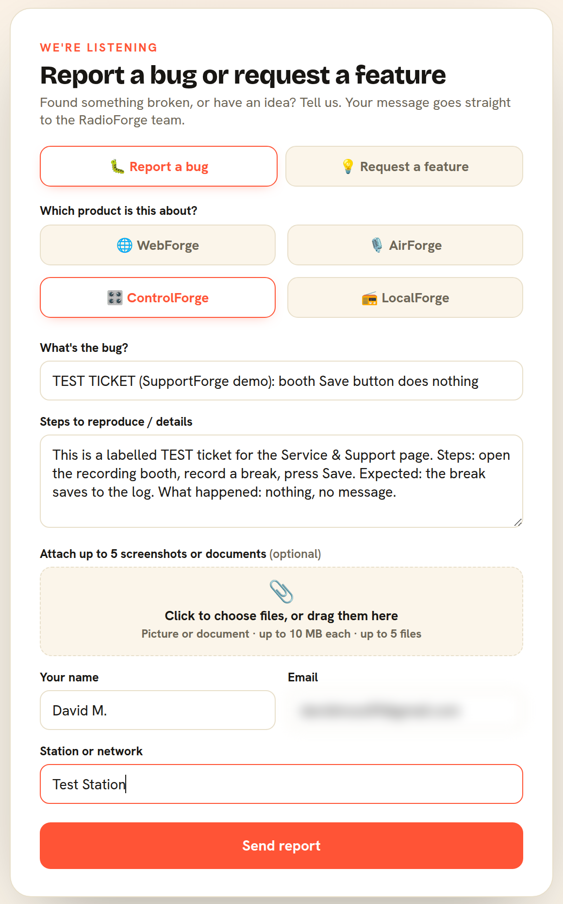 The real RadioForge report form with a ControlForge bug filled in