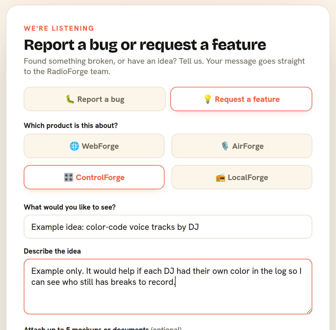 The report form with Request a feature selected for ControlForge