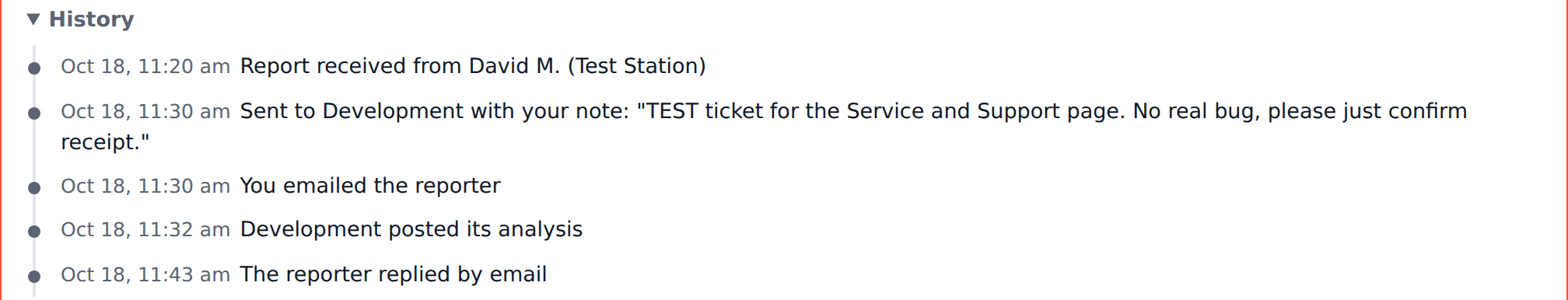 The history log on ticket 52