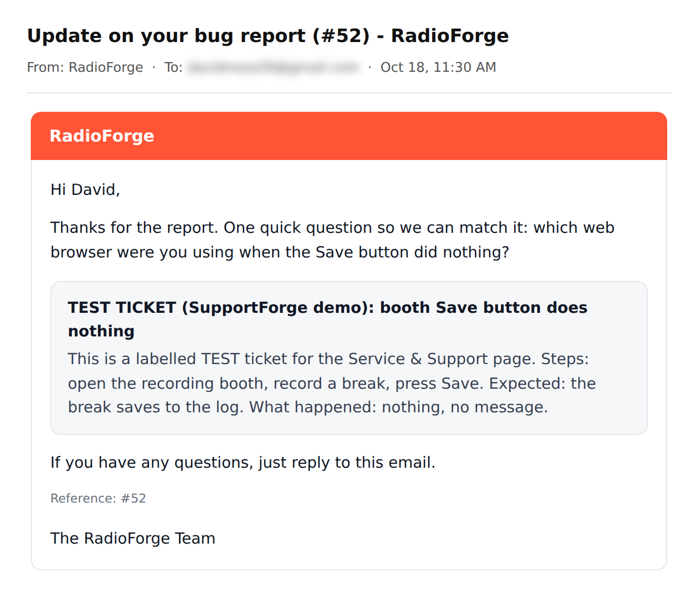Email: Update on your bug report (#52) with a question